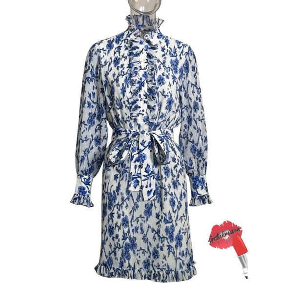 Tory Burch Deneuve Dress Sz 2 Blue White Floral Knee Length Belted Preppy